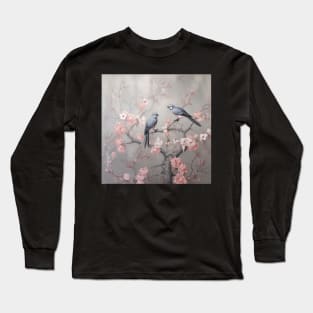 Grey and pink chinoiserie painting with birds and flowers Long Sleeve T-Shirt